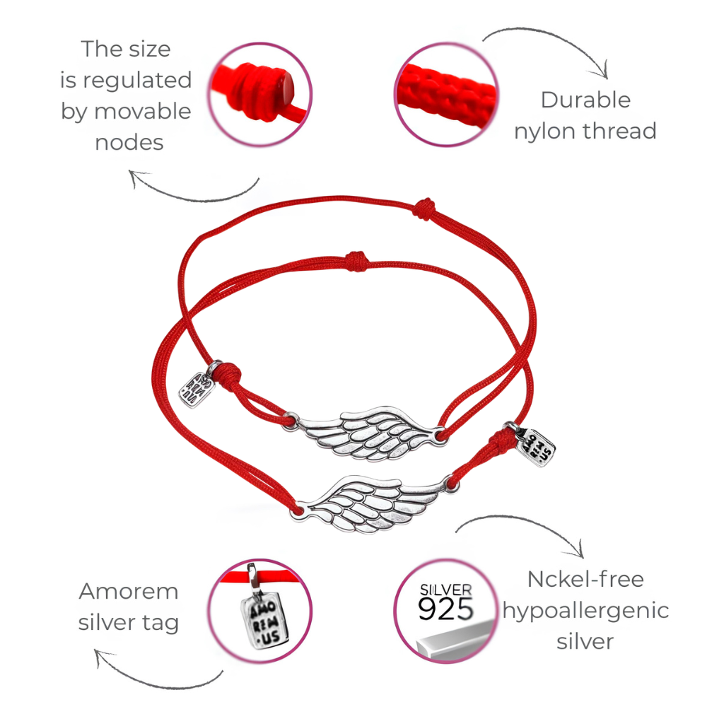 Second Wing matching bracelet set details — adjustable sliding knots, durable nylon thread, hypoallergenic 925 sterling silver, Amorem silver tag