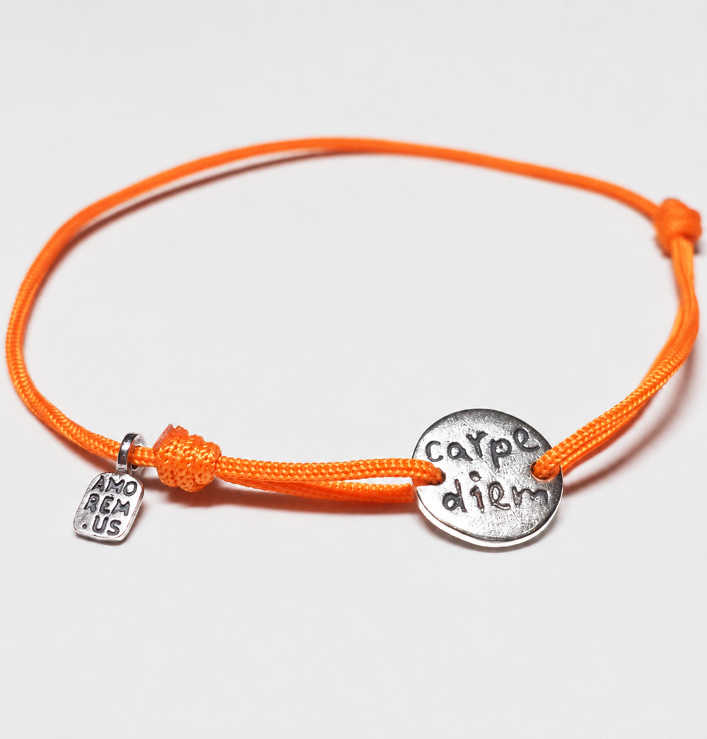 Carpe Diem Bracelet on an orange cord, sterling silver 925