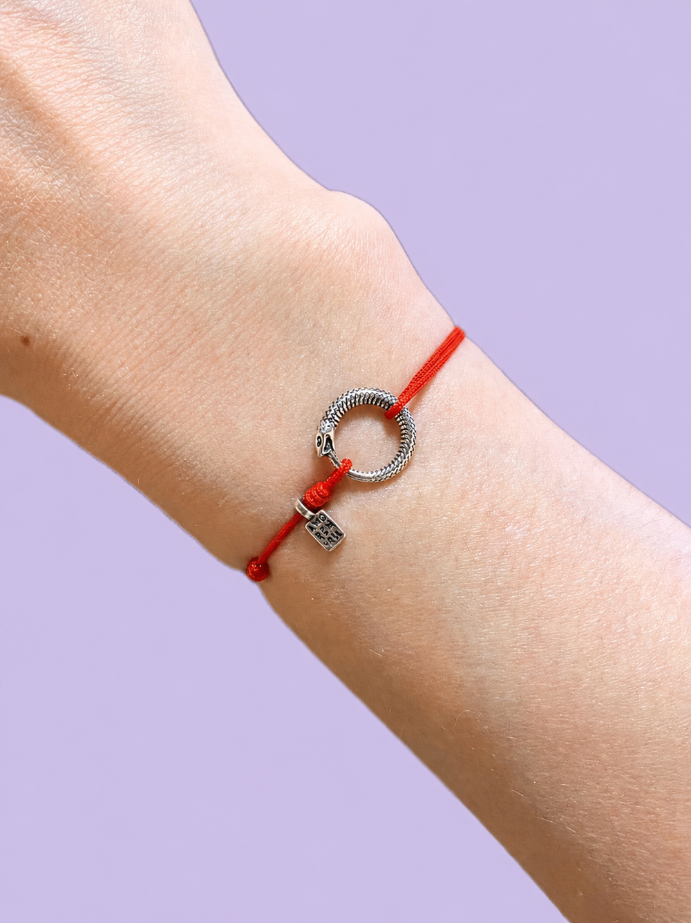 Close view of the sterling silver ouroboros on a red cord