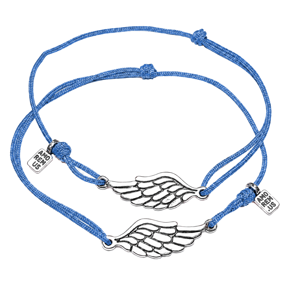 Matching couple bracelets — two sterling silver wing charms on blue cords, Second Wing set