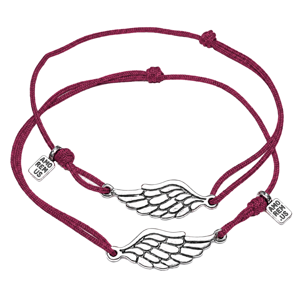 Matching couple bracelets — two sterling silver wing charms on burgundy cords, Second Wing set