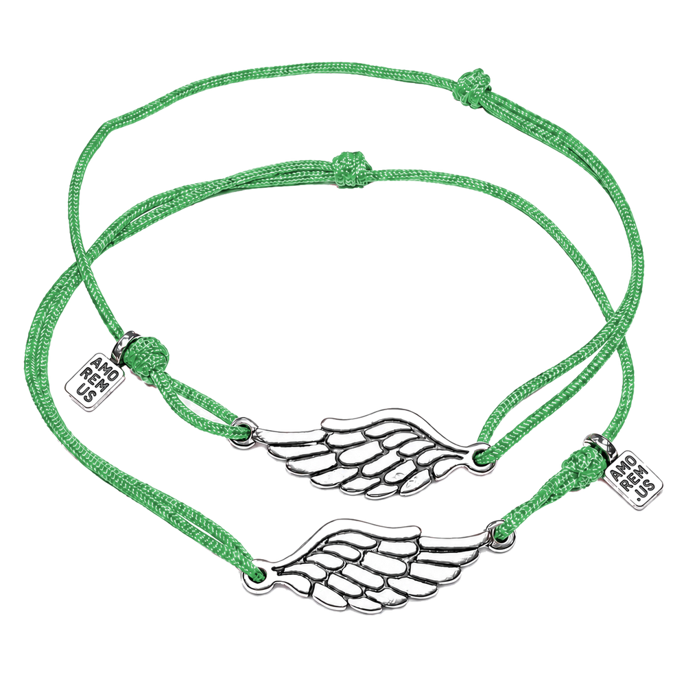 Matching couple bracelets — two sterling silver wing charms on green cords, Second Wing set