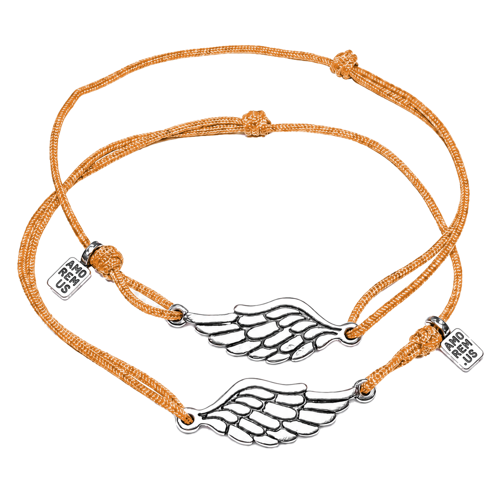 Matching couple bracelets — two sterling silver wing charms on orange cords, Second Wing set