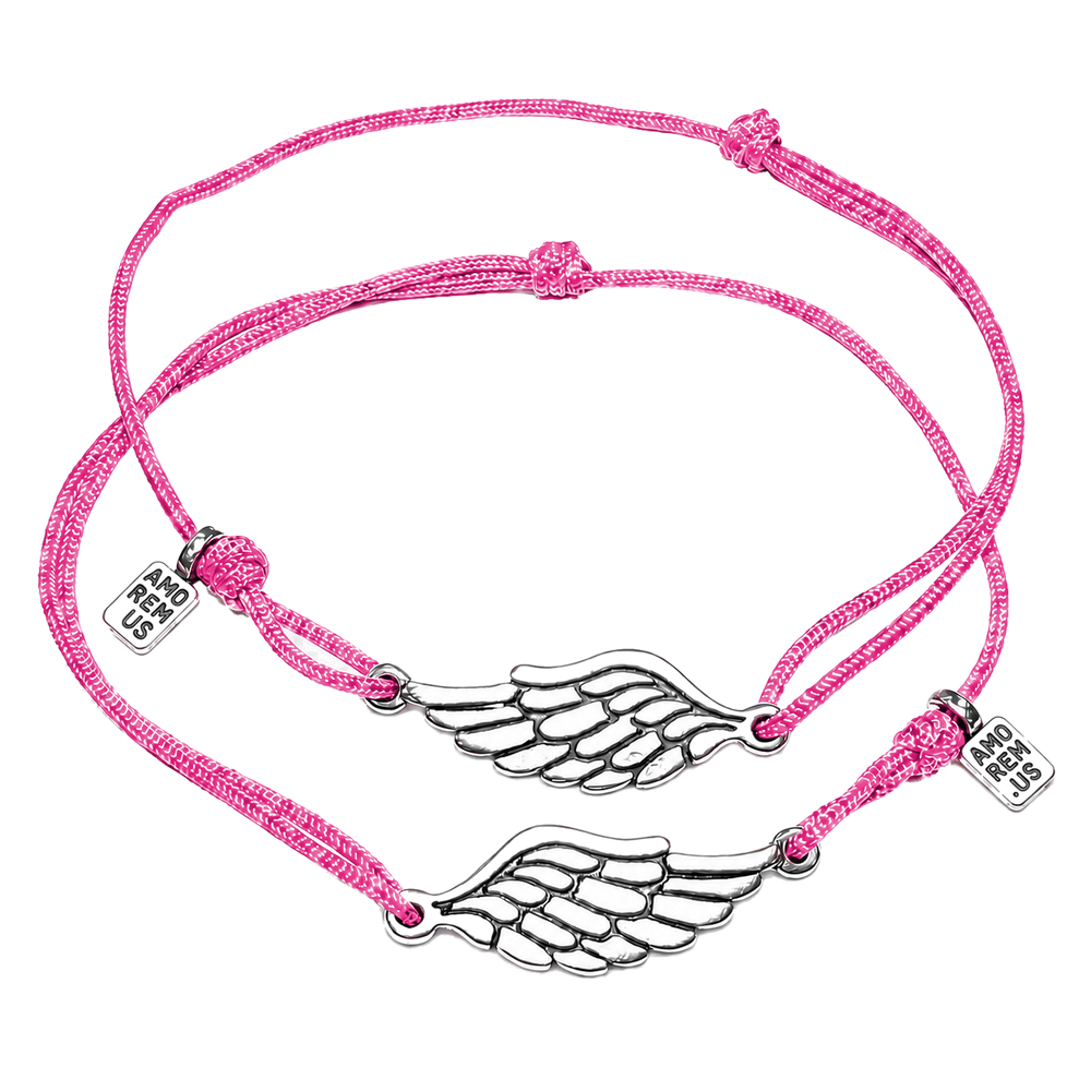 Matching couple bracelets — two sterling silver wing charms on pink cords, Second Wing set