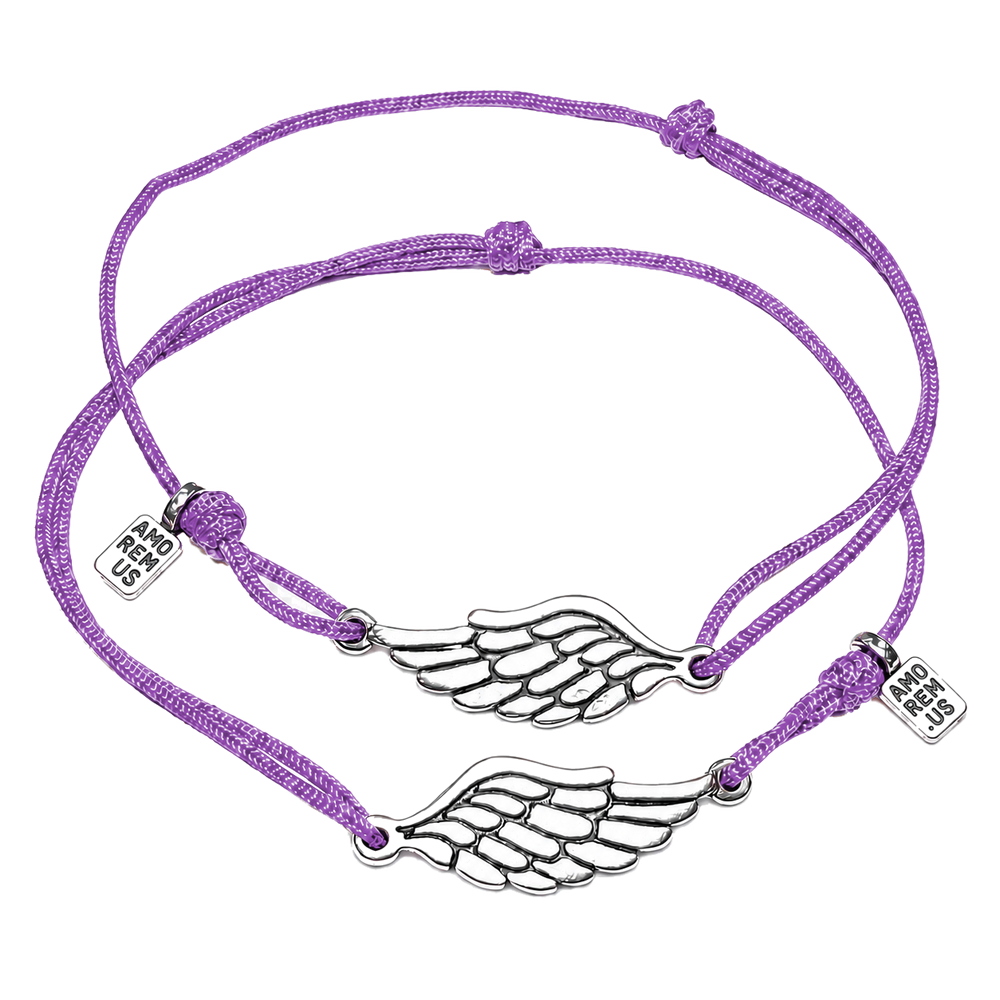 Matching couple bracelets — two sterling silver wing charms on purple cords, Second Wing set