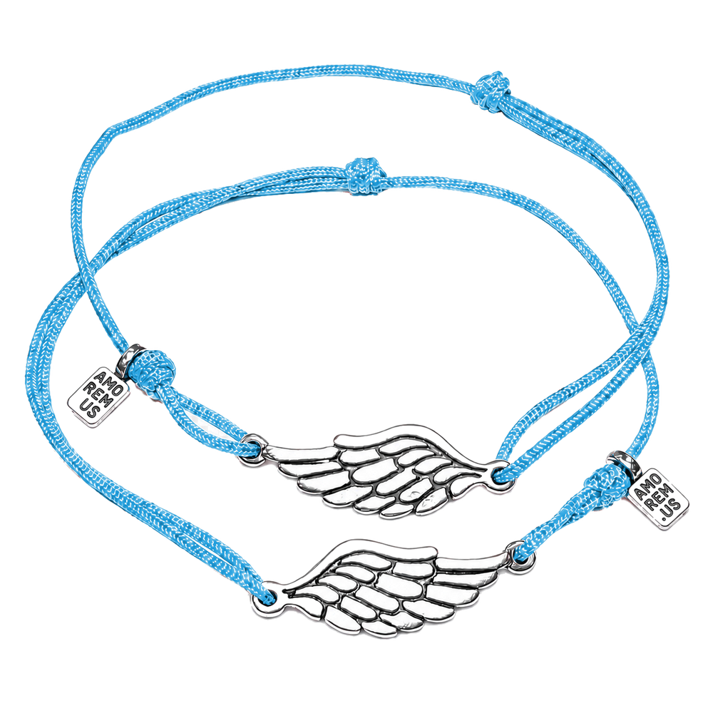 Matching couple bracelets — two sterling silver wing charms on sky blue cords, Second Wing set