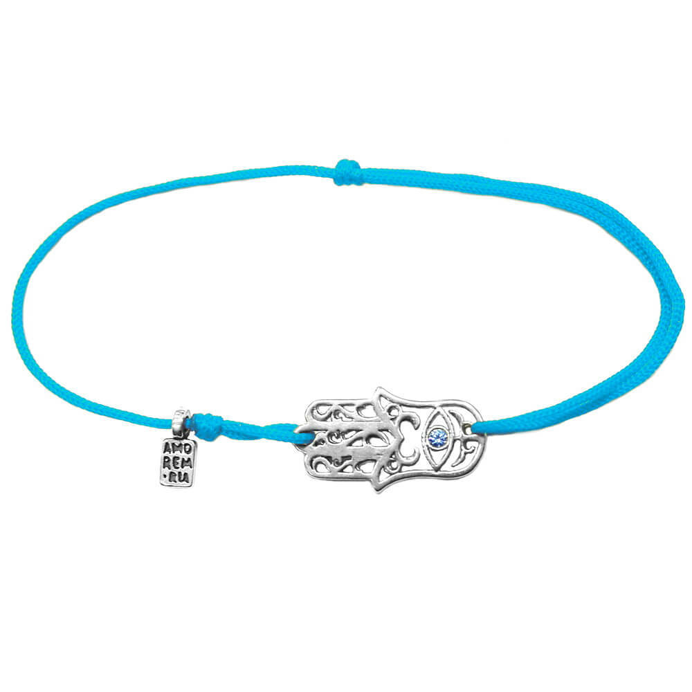 Hamsa bracelet with blue cubic zirconia, sterling silver