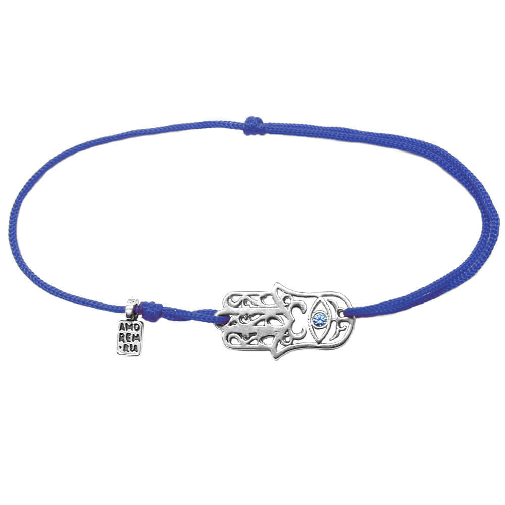 Hamsa bracelet with blue cubic zirconia, sterling silver